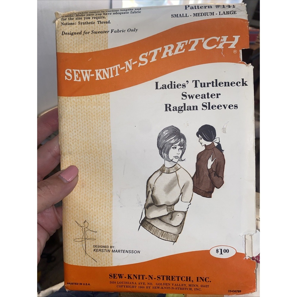 Sew-Knit-N-Stretch Ladies Turtleneck Sweater Pattern 141 Sm Med Lg Uncut 1968